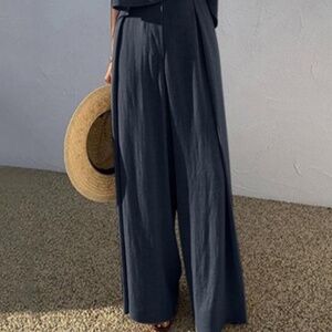 Pleated Wide Leg Linen Pants - Navy - NWOT